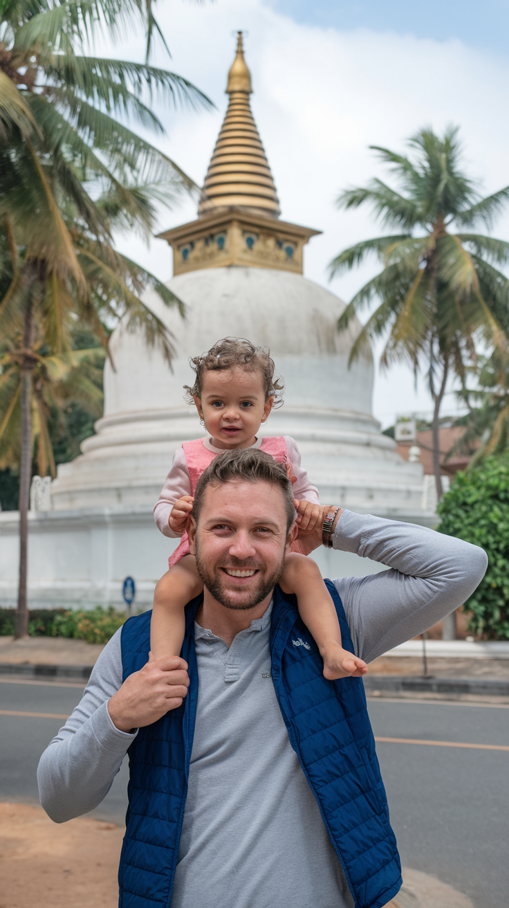 happy tourist at sri lanka holding his kid on their shoulders